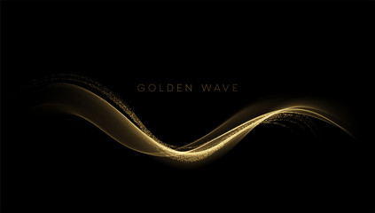 abstract shiny color gold wave design element with glitter effect on dark background. vector illustr