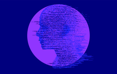 Wall Mural - Artificial intelligence and Psychological profiling concept. Human head with glitched pixels, distorted profile of a woman made of square particles.