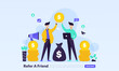 People share info about referral and earn money. Refer A Friend Concept, affiliate marketing, landing page template for banner, flyer, ui, web, mobile app, poster
