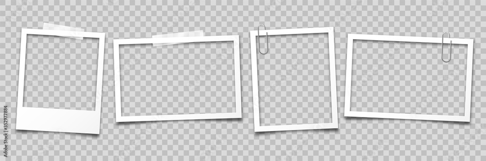 Realistic empty photo card frame, film set. Retro vintage photograph with transparent adhesive tape and paper clip. Digital snapshot image. Template or mockup for design. Vector illustration. - obrazy, fototapety, plakaty 
