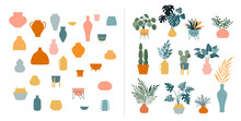Collection Of Stickers And Floral Design Elements, Plants, Rainbow And Leaves, Hand Drawn In Trendy Doodle Style. Colorful Vector Illustrations And Prints