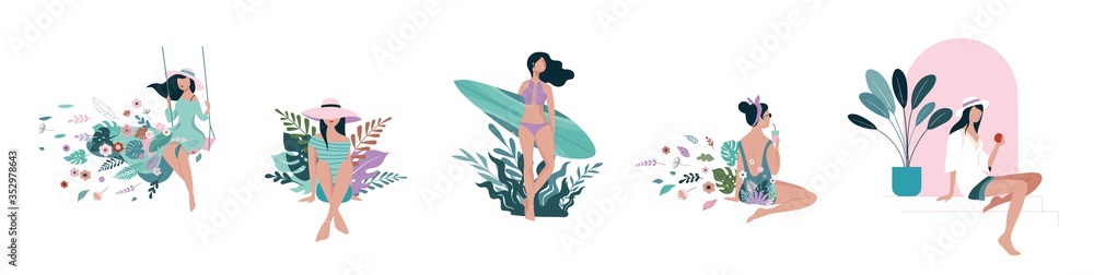 Vacation mood, feminine concept illustration, beautiful women in different situations, on the beach, sitting near the pool, reading books. Flat style vector design - obrazy, fototapety, plakaty 