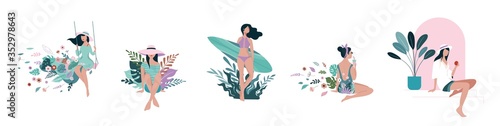 Fotomural Vacation mood, feminine concept illustration, beautiful women in different situations, on the beach, sitting near the pool, reading books