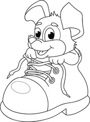 Coloring page outline of cartoon smiling cute dog in the shoe. Colorful vector illustration, summer coloring book for kids.