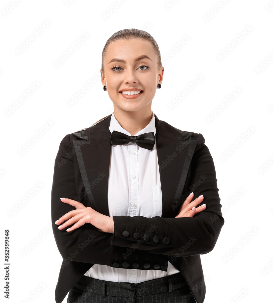 Beautiful female waiter on white background