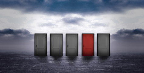 Red door among grey ones against sky with rainy clouds on background. Concept of choice