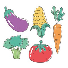 Wall Mural - healthy food nutrition diet organic eggplant tomato carrot corn and broccoli vegetables icons