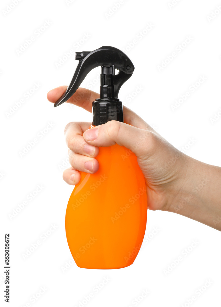 Female hand with hair spray on white background