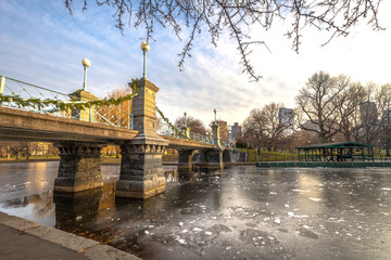 Wall Mural - Boston Public Garden Bridge in Boston Public Garden with blue sky background in winter.