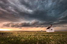 A Severe Thunderstorm Approaches An Old Abandoned Church In The Countryside During The Late Afternoon In Colorado. 