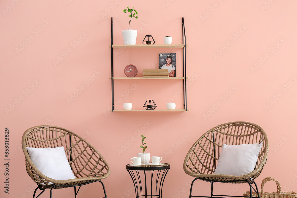 Interior of modern room with shelves