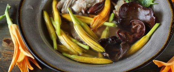 Sticker - Asian soup with daylily flowers (golden needles), woody ear mushrooms and pork. Chinese cuisine. young daylily buds, edible flowers, foraging. daylily recipe