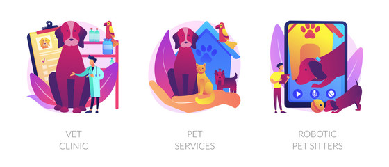 Wall Mural - Veterinary hospital services and domestic animals hotels. Dogs grooming and health check center. Vet clinic, pet services, robotic pet sitters metaphors. Vector isolated concept metaphor illustrations