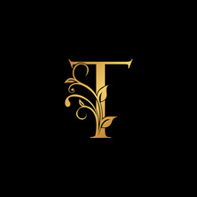 Golden Floral Letter T Logo Icon, Luxury Alphabet Font Initial Vector Design Isolated On Black Background.