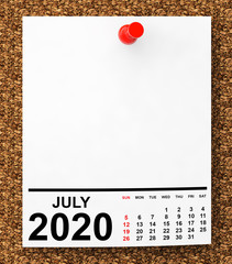 Aufkleber - Calendar July 2020 on Blank Note Paper. 3d Rendering