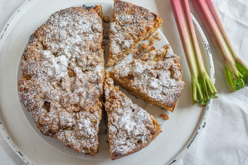 Home made Sweet Rhubarb cake with fresh rhubarb and cinnamon streusel