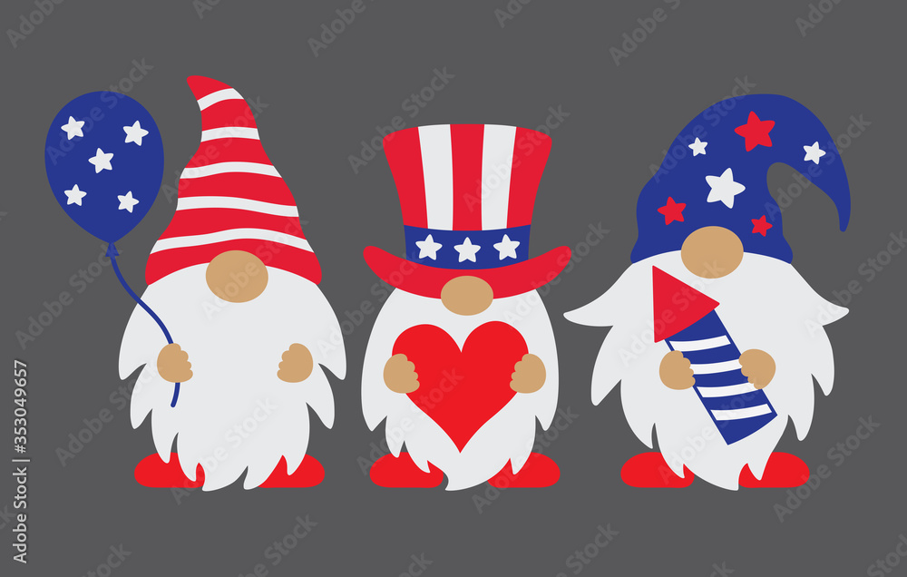 Vector illustration of patriotic gnomes celebrating 4th of July. - obrazy, fototapety, plakaty 