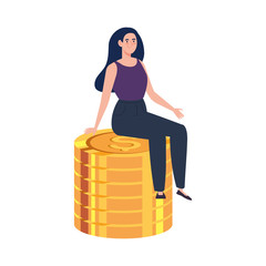 Poster - pile coins with woman sitting isolated on white background vector illustration design