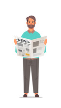 man holding newspaper reading daily news press mass media concept full length vertical vector illustration