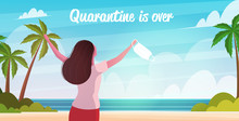 Rear View Girl Taking Off Medical Mask Coronavirus Quarantine Is Ending Victory Over Covid-19 Concept Summer Vacation On Tropical Beach Seascape Background Horizontal Portrait Vector Illustration