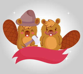 Wall Mural - Canadian beavers with ribbon vector design