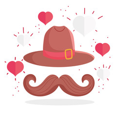 Wall Mural - Canadian hat with mustache and hearts of happy canada day vector design