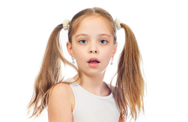 Wall Mural - Young cute bemused puzzled girl with grey blue eyes and two hair tails isolated on white background