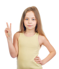 Wall Mural - Young cute girl with long light brown hair shows victory sign isolated on white background