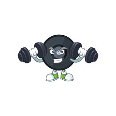 Sticker - Caricature picture of music viynl disc exercising with barbells on gym