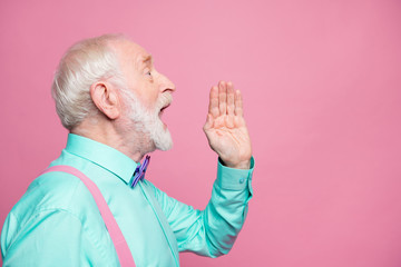 Sticker - Profile photo of attractive grandpa looking empty space hand near open mouth yelling secret information people crowd wear mint shirt suspenders bow tie isolated pink pastel color background