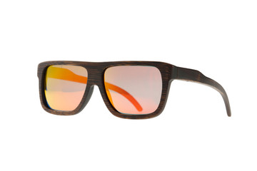 Wooden dark brown sunglasses with orange glasses on white background