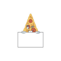 Poster - Mascot design style of slice of pizza standing behind a board