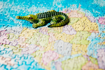 Wall Mural - Tourist attractions and souvenir of African alligator in the background of the world map puzzle for travelers