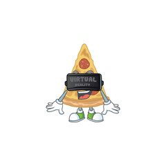 Sticker - Caricature picture of slice of pizza playing a game using Virtual reality headset