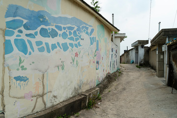 Wall Mural - Seoul's last shanty town. Known as Village 104 it is only half filled with residents who live among empty neighbors waiting for demolition. 