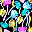 Seamless illustration with vibrant hallucinogenic mushrooms on a black background