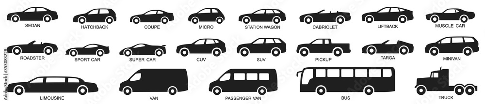Car types set. Vector illustration - obrazy, fototapety, plakaty 