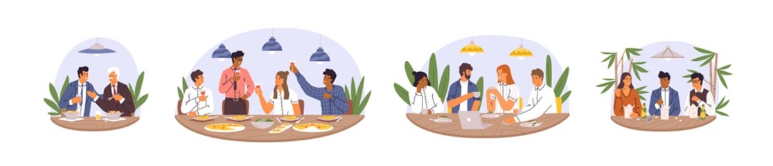 Set of various diverse business team eating together vector flat illustration. Collection of happy colleagues having informal meeting after work, celebrating success and smiling isolated on white