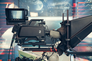 Wall Mural - Television studio with camera and lights - recording TV NEWS