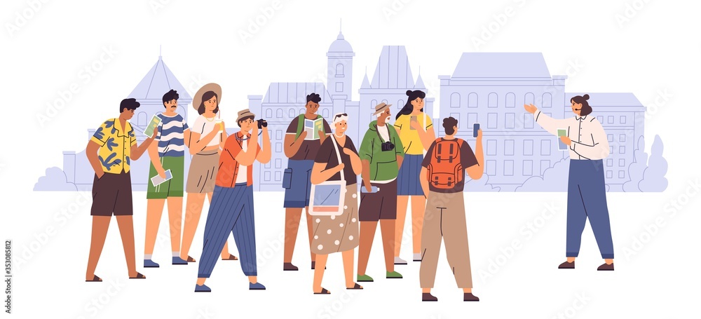 Female tour guide showing interesting places to group of tourist vector flat illustration. People admiring architecture cityscape isolated on white. Travel man and woman visit sightseeing of city - obrazy, fototapety, plakaty 