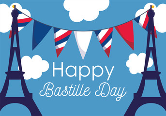 Canvas Print - france eiffel towers with banner pennant of happy bastille day vector design