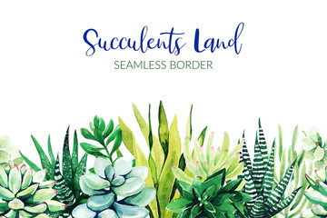 Wall Mural - Seamless border composed of succulent plants, hand drawn