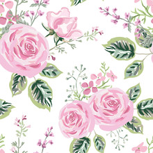 Pink Roses, Small Flowers With Green Leaves Bouquets, White Background. Floral Illustration. Vector Seamless Pattern. Botanical Design. Nature Summer Plants. Romantic Wedding