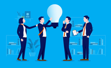 Aufkleber - Brainstorming - Four businesspeople working in team coming up with a bright and big idea in office. Teamwork, planning, discussing, contemplating and progress concept. Vector illustration.
