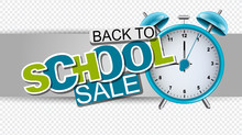 Back To School Sale Banner With Realistic Blue Retro Alarm Clock. Header For Website Or Shopping Discount Offer. Vector Illustration.