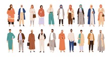Set Of Arabic Man And Woman In Hijab Vector Flat Illustration. Collection Of Stylish Muslim Business Person, Male And Female In Trendy Clothes Isolated On White. Saudi People In Traditional Outfit