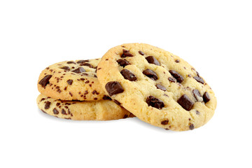 Group of bright chocolate chip cookies with chocolate and nuts on white background