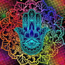 Seamless Pattern With Ornate Hand Drawn Hamsa. Popular Arabic And Jewish Amulet. Vector Illustration. Vector Illustration In Neon, Fluorescent Colors.