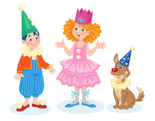 Wall Mural - Little boy, cute girl and funny dog in carnival costumes. In cartoon style. Isolated on white background. Vector flat illustration.