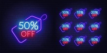 10, 15, 20, 30,40 50, 60, 75 80, 90 Percent Off. Neon Discount Light Signs On A Dark Background